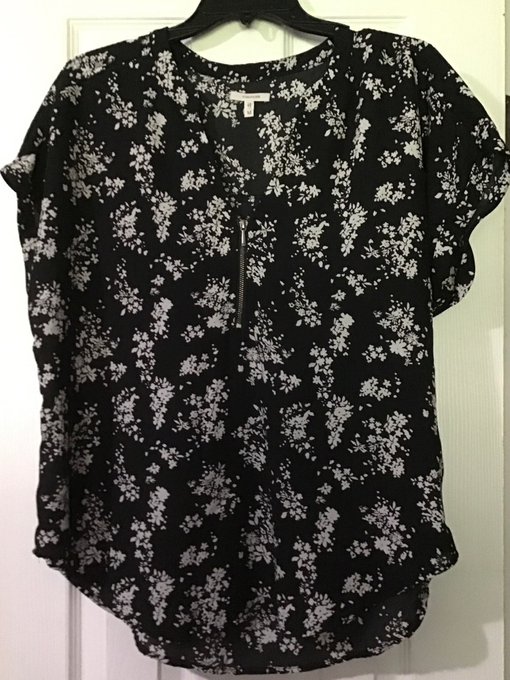 Maurices Black and White Floral Zip-Front Blouse